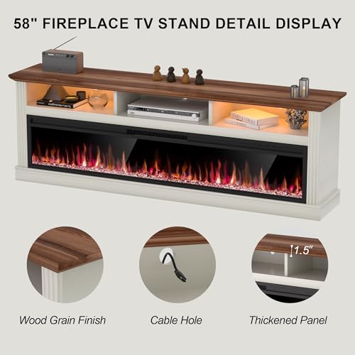 Spurgehom 58" Fireplace TV Stand for TVs Up to 65" with 52" Electric Fireplace,White Entertainment Center,Led Light TV Consoles for Living Room,Farmhouse Media Console Table Spurgehom