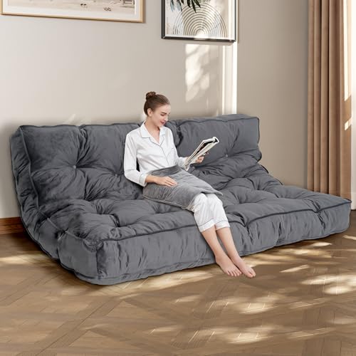 KOZIDO 8” Futon Mattress Full Size, Extra Thick Foldable Futon Sofa Bed Couch, Shredded Foam Filling Floor Mattress for Adults with No Assembly Needed, Frame Not Included - Dark Grey KOZIDO