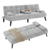 Shintenchi Futon Sofa Bed, Velvet Foldable Couch Reclining Sleeper w/Removable Armrests, Upholstered Loveseat w/Folding Cup Holders for Home, Office, Light Gray Shintenchi