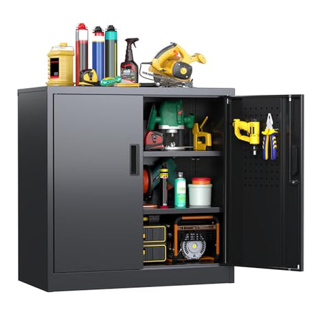 JAORD Metal Storage Cabinet with 2 Lockable Doors and 2 Adjustable Shelves, Locking Garage Storage Cabinet with Pegboard, Small Metal Cabinet with Lock for Garage, Home, Black, Assembly Required JAORD