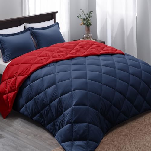 Basic Beyond Queen Navy and Red Comforter Set - 1 Comforter (88"x92") and 2 Pillow Shams (20"x26"+2") Basic Beyond