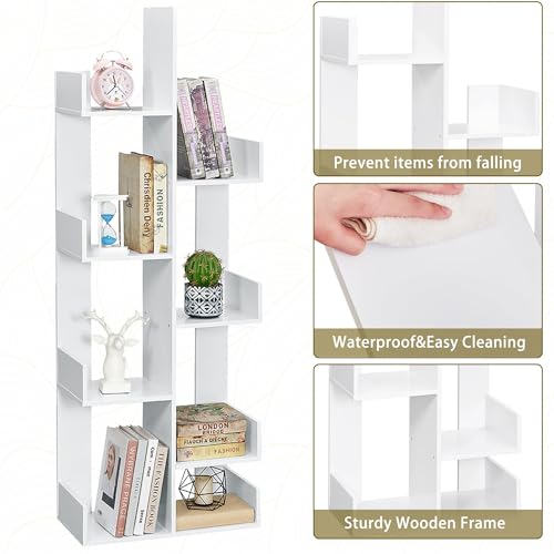 VECELO 8-Tier Tall Cactus-Shaped Tree Bookshelf, Vertical Bookcase with Waterproof Shelves & Rounded Corners, Modern Display Rack for Small Spaces in Living Room, Office, Bedroom, Ivory White VECELO