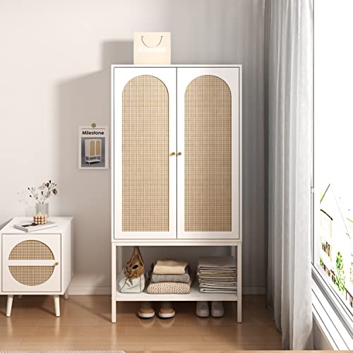 QEIUZON Wardrobe Closet, Rattan Freestanding Wardrobe Cabinet with Storage Cubes & Hanging Rod, Bedroom Armoire, 2-Doors-White QEIUZON