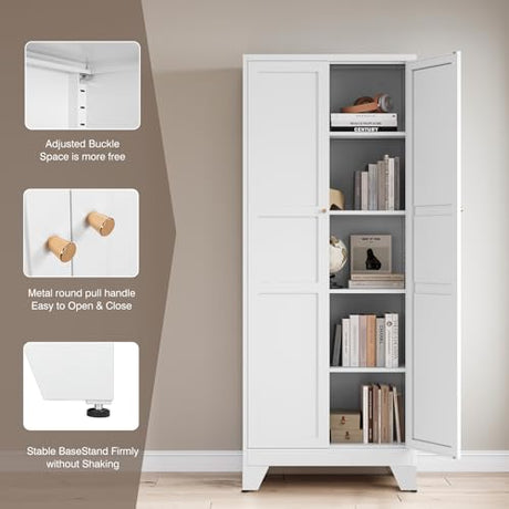 Yizosh Metal Pantry Cabinet, 75" Kitchen Pantry with 2 Door and 4 Adjustable Shelves,White Metal Pantry Storage Cabinet,Cupboard for Kitchen,Dining Room,Living Room and Bathroom Yizosh
