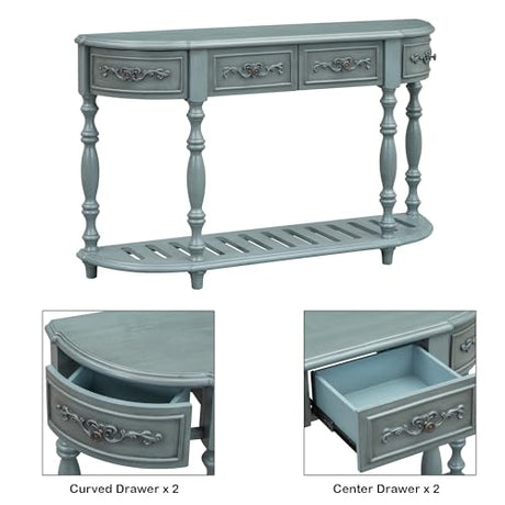 Amposei Retro Wood Curved Console Table 52-Inch Half Moon Hall Sofa Table Entryway Table with Drawers & Shelf for Living Room Home Furniture (Antique Blue) Amposei