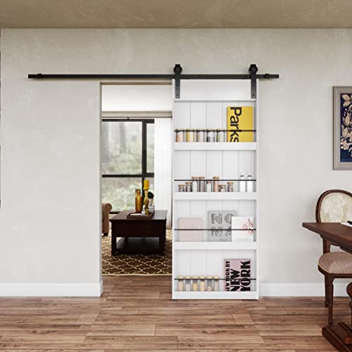 BARNER HOME 36in x 84in Sliding Barn Door, Shelf Style, Made of Primed MDF, Sliding Door with 6.6 ft Hardware Kit BARNER HOME