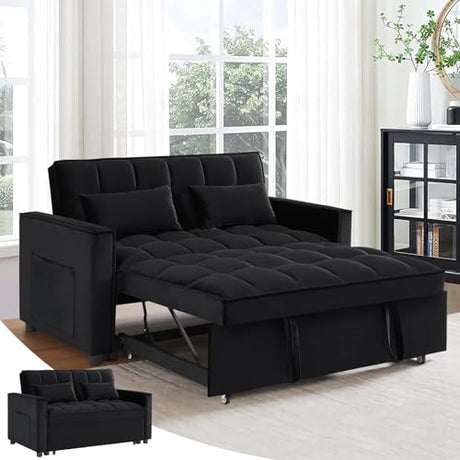 Antetek 3 in 1 Convertible Sleeper Sofa Bed, Modern Velvet Loveseat Futon Couch w/Pullout Bed, Small Love Seat Lounge Sofa w/Reclining Backrest, Toss Pillows, Pockets, Furniture for Living Room, Black Antetek