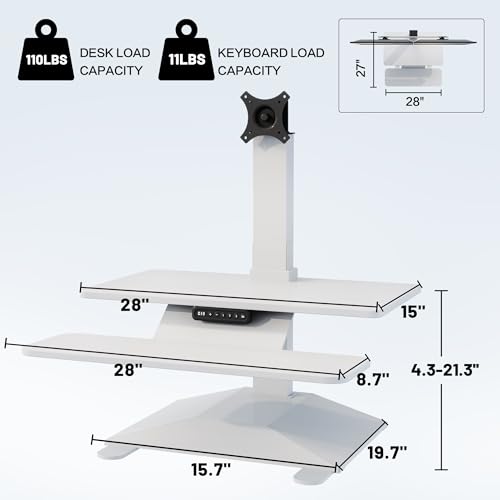 Electric Standing Desk Converter 28" Wide, Height Adjustable Desk Riser, Computer Workstation, Sit-Stand Convertor for Home, Office, School (White, 1 Arm Included) UP/SIT DASK