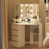 Fameill Corner Vanity Desk with Mirror and Lights, Makeup Vanity Table with Charging Station, Corner Vanity with 4 Drawers and Shelves, 3 Lighting Modes, Brightness Adjustable, for Women Girls Fameill