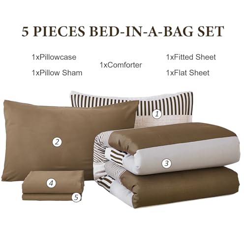 Cottolester Brown Comforter Set Twin Size,Classic Striped Comforters for Girls,5 Pieces Bed in A Bag Simple Neutral-Style Bedding Sets for Kids Teen Cottolester