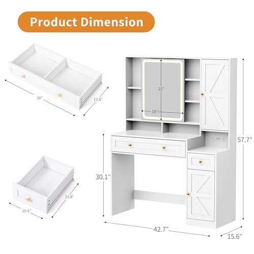 Pamapic Glass Top Sliding Mirror Vanity Desk with Lights, Makeup Vanity with Jewelry Storage, 3 Drawers, 12 Compartments, Golden Handles, 3 Color Dressing Table with Charging Station, Bedroom, White Pamapic