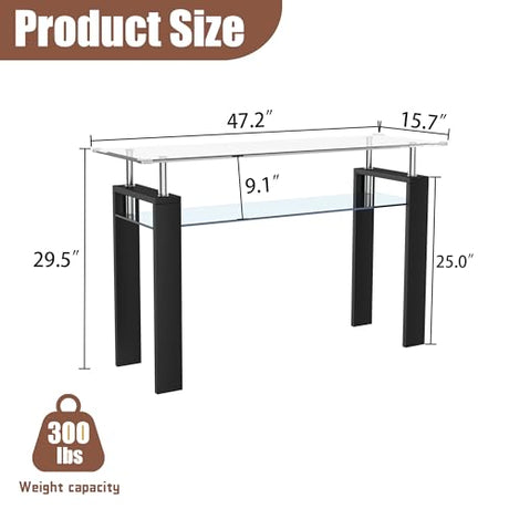 AMHDDT 47" 2-Tier Console Table with Tempered Glass Top and MDF Frame, Modern Black Rectangular Glass Entryway Table for Living Room, Apartment, Office, Easy to Assemble AMHDDT