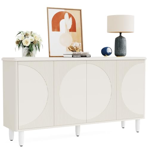 LITTLE TREE 59-Inch White Buffet Cabinet Sideboard with Storage, Modern Sideboard Buffet Table with Doors for Living Room, Dining Room - WoodArtSupply