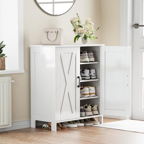 Homleke Farmhouse Shoe Cabinet with 2 Barn Doors & Wood Legs, 5-Tier Shoe Storage Cabinet with 3 Adjustable Shelves, Tall Shoe Rack Organizer for Closet, Shoe Organizer for Entryway, Hallway, White Homleke