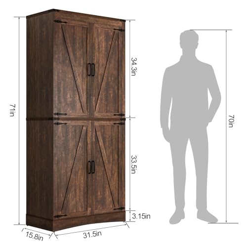 Farmhouse Tall Kitchen Pantry Cabinet with Adjustable Shelves and Barn Doors - 71" Brown Storage Solution - WoodArtSupply