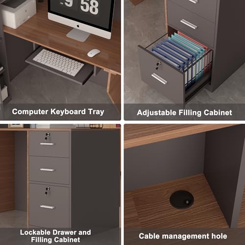 Zethvax L-Shaped Reception Desk,Large Front Desk with Keyboard Tray, Lockable Drawers & File Cabinet, Receptionist Desk for Checkout,Lobby (Right L-Walnut/Slate Gray, 71''L x 23.6''W x 41.3''H) Zethvax