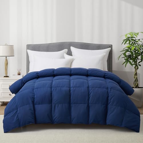 ALPSWAN Luxury Goose Feather Down Fiber Comforter Queen Size, 300TC Blue Cotton Blended Duvet Insert, All Season Hotel Bedding Alternative Down Comforter with Corner Tabs (Blue, Queen) ALPSWAN