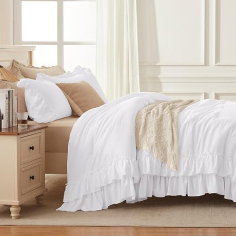 Andency White Ruffle Comforter Full Set, 3pcs Vintage Farmhouse Shabby Chic Bedding Comforter Set, Soft Lightweight Fluffy Bed Comforter Sets All Season Bedding Set Andency