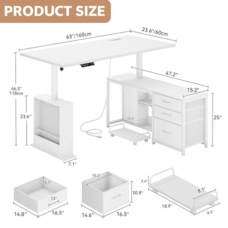 Homiflex 63" L Shaped Standing Desk with 3 Drawers Electric Adjustable Height Desk Corner Standing Desk with Storage Computer Game Desk with Power Outlets Computer Tower Stand for Home Office, White Homiflex