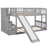 RuiSiSi Twin Bunk Bed with Slide and Stairs, Wood Low Bunk Bed Frame with Storage Stairs & Safety Guard Rails, Space-Saving Floor Bunk Beds for Kids Boys Girls, Grey RuiSiSi