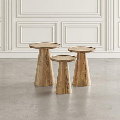 Jofran Knox Mid-Century Modern Solid Hardwood Pedestal Round Accent End Nesting Tables - Set of 3, Natural