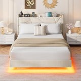 GarveeHome Full Floating Bed Frame with LED Lights & Charging Station, Upholstered Platform Beds with Storage Headboard & Folding Shelves Storage, Metal Slats Support, No Box Spring Needed, Beige GarveeHome