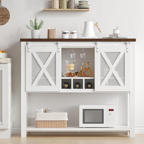 GAOMON Coffee Bar Cabinet, Farmhouse Sideboard Buffet Cabinet with Sliding Barn Doors, Wine Racks, Open Storage Shelf, for Kitchen, Dining Room, Entryway, White GAOMON