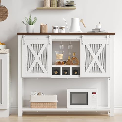 GAOMON Coffee Bar Cabinet, Farmhouse Sideboard Buffet Cabinet with Sliding Barn Doors, Wine Racks, Open Storage Shelf, for Kitchen, Dining Room, Entryway, White - WoodArtSupply