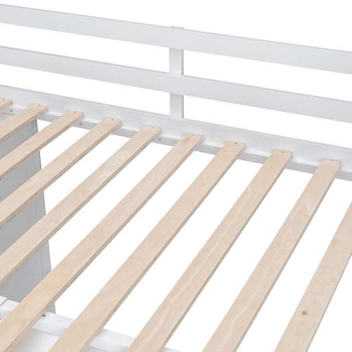 Ball & Cast Full Size Loft Bed with Storage Staircase & Safety Guardrail,Sturdy Wood Bedframe W/ 3 Cabinets & 4 Drawers,Built-in Wardrobes,Space Saving,for Boy Girl Kids Small Bedroom Dormitory,White Ball & Cast
