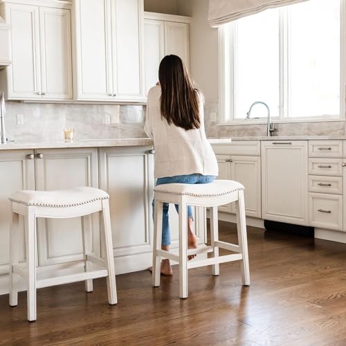 Maven Lane Adrien Saddle Bar Stool in White Oak Finish with Natural Fabric Upholstery - WoodArtSupply