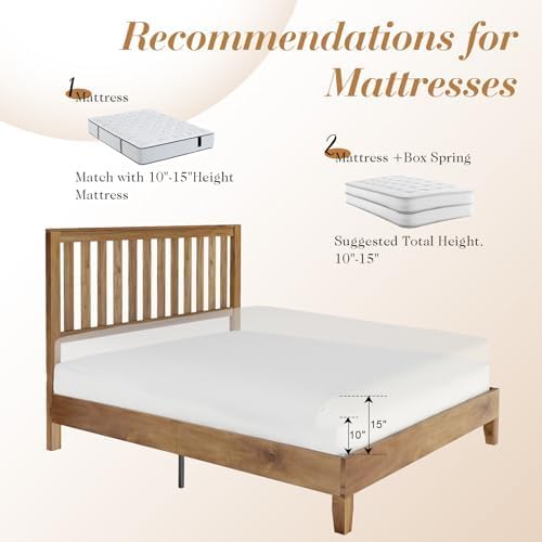 AMERLIFE Full Size Wood Bed Frame, Mid-Century Wooden Platform Bed with Grille Headboard, Wood Slat System/No Box Spring Needed/Noise Free, Natural AMERLIFE