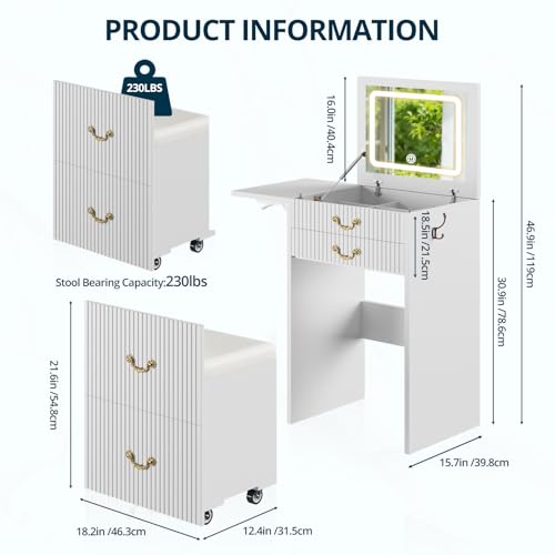 FURSUN 3-in-1 Vanity with Flip Mirror & Lights, Fluted Compact Vanity Table with 3 Drawers, Storage Compartment and Rolling Stool, Modern Small Makeup Vanity for Bedroom, Powder Room, Solid White FURSUN