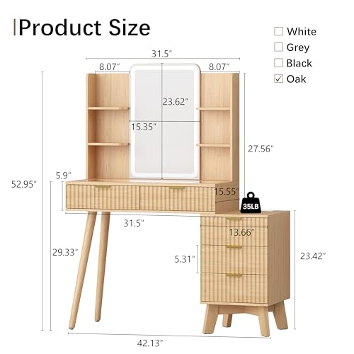IAISRO 42'' Fluted Makeup Vanity Desk with LED Lights Mirror & Charging Station, Modern Glass Top Vanity Table with 5 Drawers & Open Shelves, Dressing Table for Bedroom, Living Room, Oak IAISRO