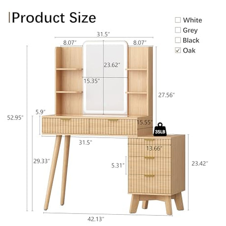 IAISRO 42'' Fluted Makeup Vanity Desk with LED Lights Mirror & Charging Station, Modern Glass Top Vanity Table with 5 Drawers & Open Shelves, Dressing Table for Bedroom, Living Room, Oak IAISRO