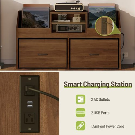 STHYTON Large Record Player Stand with Charging Station & 2 Sliding Drawers, Record Storage Cabinet with Vinyl Storage Hold Up to 500+ Album, Mid Century Turntable Stand for Living Room, Music Room STHYTON