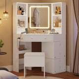 HAUOMS Vanity Desk with Mirror Lights, Storage Bench & Power Outlet, Corner Vanities with Rotating Cabinet & Drawers, 42.5" L Shaped Vanity Set, 3 Light Settings, for Women Girls, Modern White HAUOMS