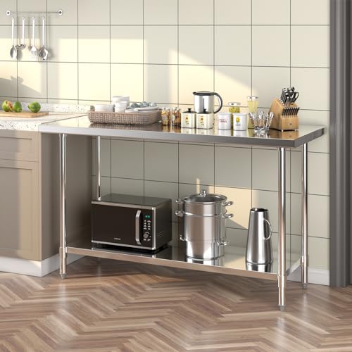 Goplus Stainless Steel Table, 60 x 24 Inches Kitchen Prep Table Work Table with Height Adjustable Under Shelf, Footpads, 900LBS Capacity, Food Prep Goplus