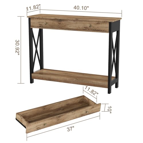 Treocho Console Table with Drawer and Storage Shelves, Foyer Sofa Table Narrow for Entryway, Living Room, Hallway Rustic Oak & Black Treocho