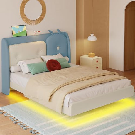LIKIMIO Full Floating Bed Frame, Platform Bed Frame with Leather Upholstered Headboard, LED Light & Charging Station, Solid Wood Slats Support, No Box Spring Needed, Blue LIKIMIO