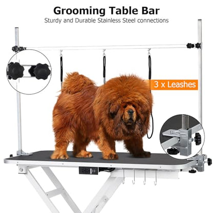 47" Electric Dog Grooming Table, Pet Grooming Table for Dogs & Cats, Height Adjustable (9"-40") with Overhead Arm, Anti Slip Tabletop, 3 Grooming Noose, White