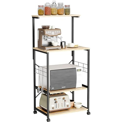 Bestier 4 Tier Shelves Portable Utility Kitchen Storage Baker's Rack Organizer Cart Stand with Adjustable Wheels and Side Hooks, 49 Inch, Oak