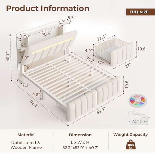 Jocoevol Full Size Bed Frame with Storage Headboard,Upholstered White Bed Frame Full with Storage Drawers and Charging Station,Velvet Platform Metal Bed, Noise-Free No Box Spring Needed Jocoevol