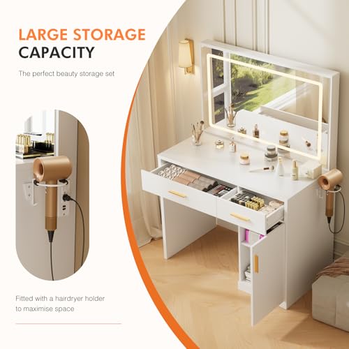 Sweetcrispy Vanity Desk with 35.4" LED Mirror and Lights, Makeup Vanity Table with Charging Station (2AC/USB/C), 2 Drawers & Large Cabinet, 3 Lighting Color Adjustable, Modern Dressing Table, White Sweetcrispy