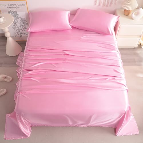NTBAY Silk Satin King Sheet Set, 4-Piece Luxury and Soft Bedding Set Cooling Silky Sheets for Hair and Skin, Includes 2 Pillowcases, 1 Flat Sheet, 1 Fitted Sheet with Deep Pocket, Pink NTBAY