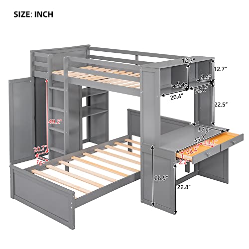 Harper & Bright Designs Twin Over Twin Bunk Bed with Desk, Drawers and Wardrobe, Wooden Loft with Stand-Alone Bed and Shelves for Kids Teens, Grey Harper & Bright Designs