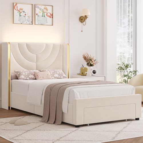 HITHOS 2 Set Twin Upholstered LED Bed Frame with Storage Drawer, Velvet Kids Bed with Headboard, Princess Twin Platform Bed for Girls/Kids, Solid Wood Slats Support, No Box Spring Needed (Beige) HITHOS