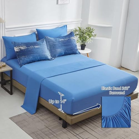 Dinjoy Ombre Blue Comforter Set Full Size Reversible Gradient Blue Grey Boho Bedding Set for Men Women 8 Pieces Bed in A Bag Bohemian Bed Set with Comforter, Sheets, Pillowcases & Shams Dinjoy