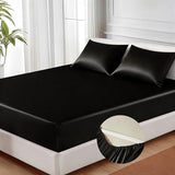 MR&HM Satin Fitted Sheet Queen Size, Silky Bottom Sheet with Elastic Corner Straps, Deep Pocket up to 15 Inch, No More Slipping Off for Mattress - 1 Fitted Sheet Only (Black) MR&HM