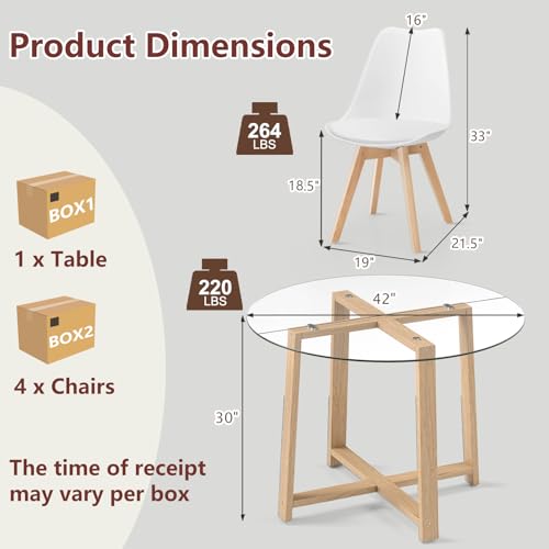 Tangkula 42" Round Glass Dining Table Set for 4-6, 0.3” Modern Tempered Glass Tabletop with 4 Padded Chairs, ModernTable and Chairs Set of 4-6 for Kitchen Dining Room Breakfast Nook Tangkula