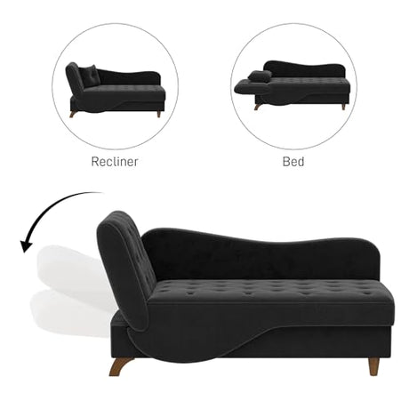 DAMAIFROM Chaise Lounge Chair Indoor with Storage, Adjustable Armrest Recling Reading Chair Sleeper Sofa Bed with Pillow, 3 in 1 Velvet Futon Lounge Chair for Living Room Playroom, Black DAMAIFROM